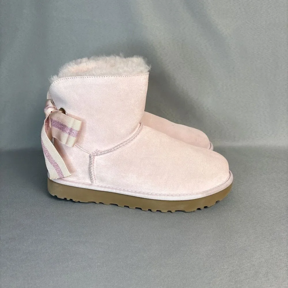 Womens UGG Boots Sz 7 Bailey Bow Customizable Pink Suede Festival Coquette Rare - Picture 4 of 13